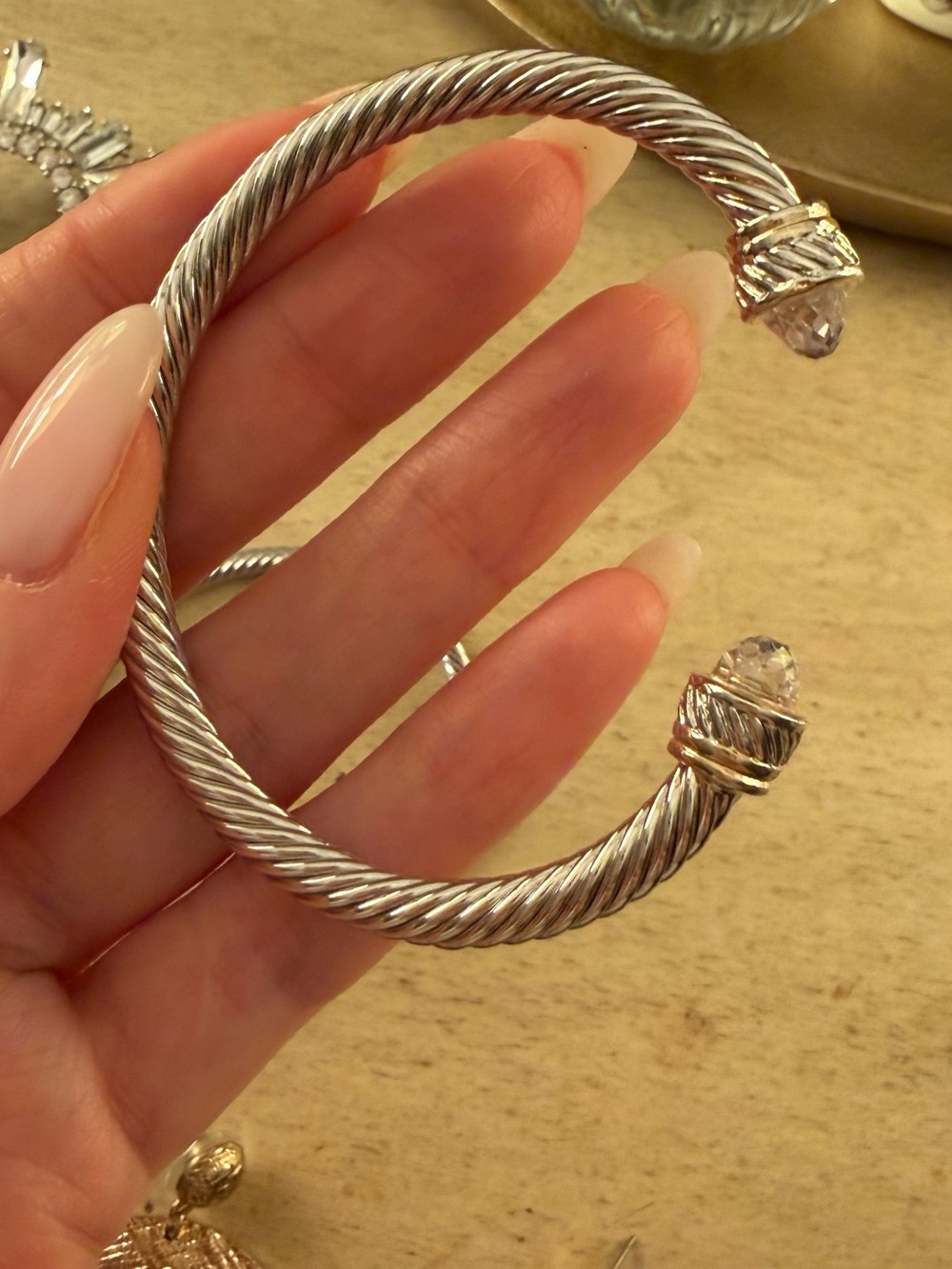 Sterling-Tone Twisted Cable Cuff Bracelet with Clear Crystal Ends